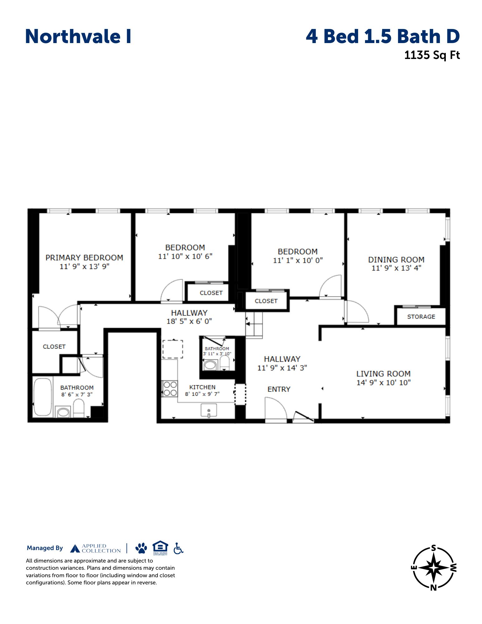 Floor plan for 4 beds, 1.5 baths, 1135 sqft